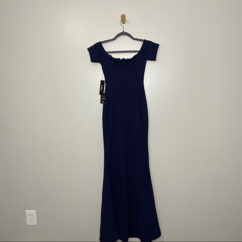 NWT LULUS Lynne Navy Blue Off the Shoulder Maxi XS - Picture 4 of 5